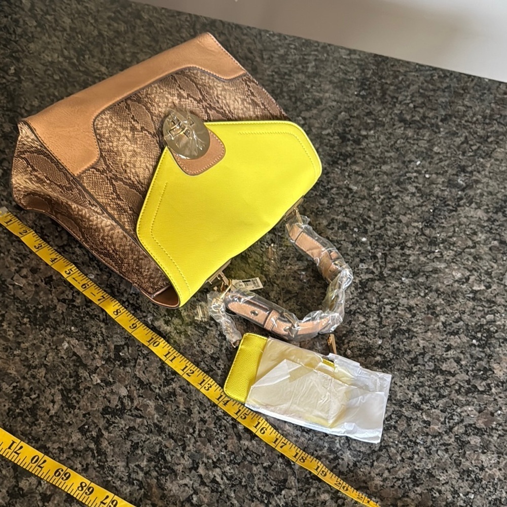 Aldo Yellow and Tan Satchel with Snake Print NWT - Picture 13 of 14